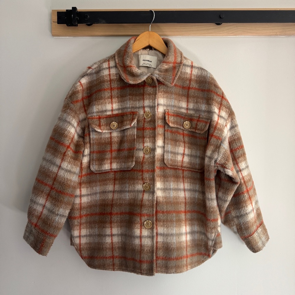 Pull&Bear Brown and Orange Shacket with Plaid Pattern